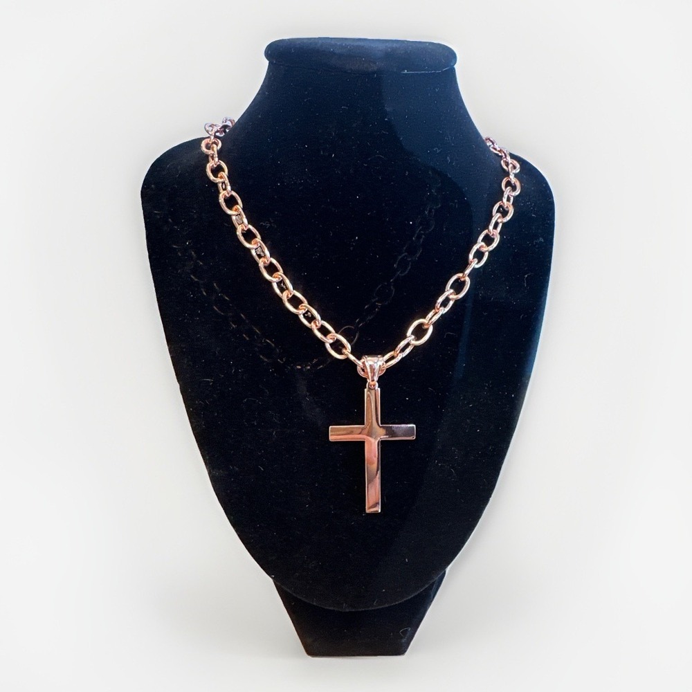 Rose Gold Tone Chunky Chain Cross Pendant Necklace Polished Statement Unisex